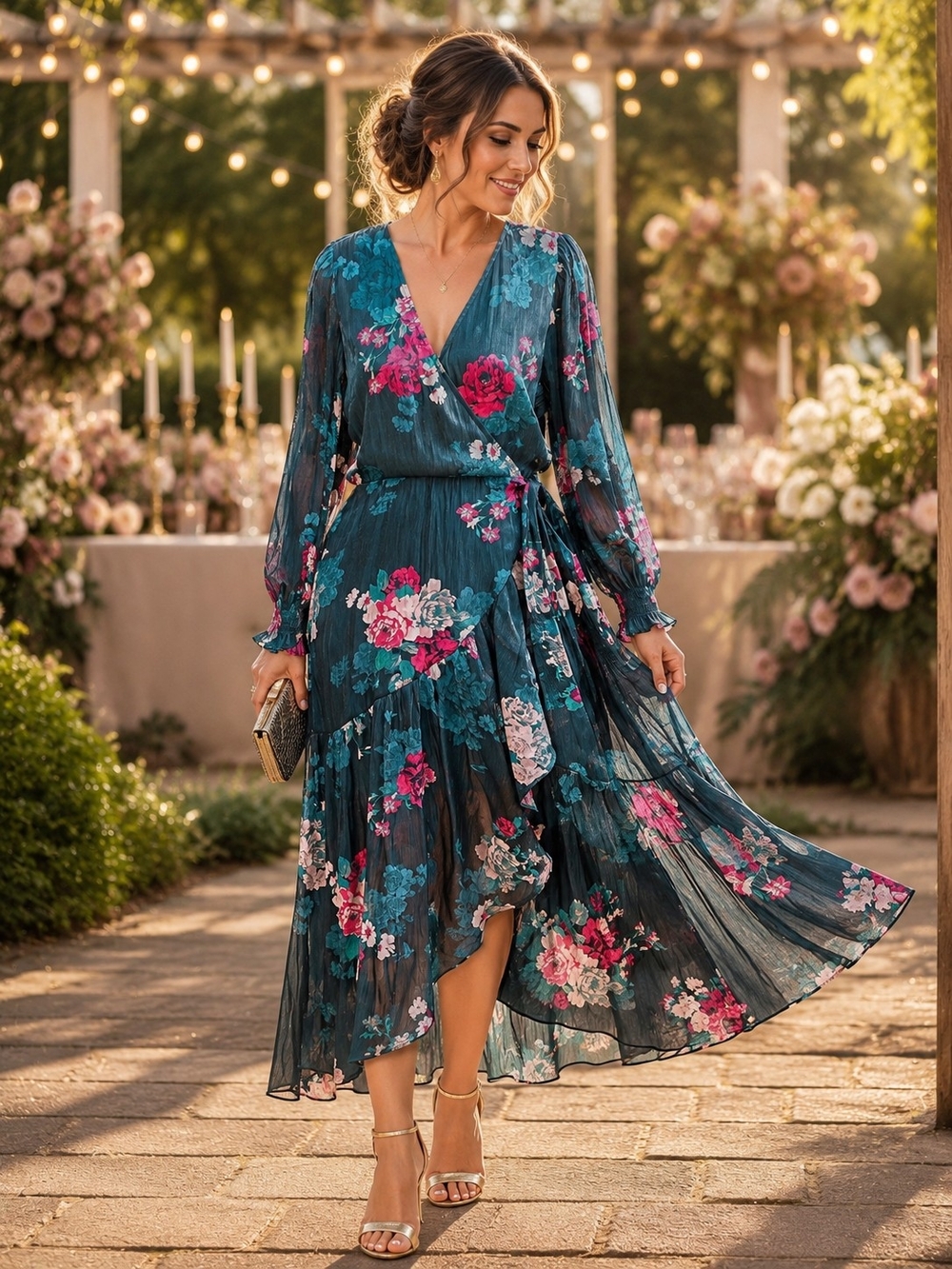 LC Lauren Conrad Floral Wrap Maxi Dress Ruffle Hem Large NWT